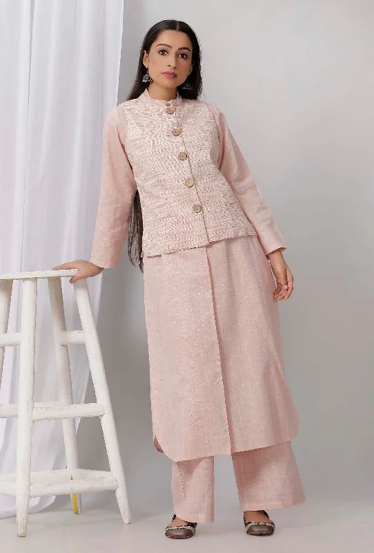 Pink Sleeveless Nehru Jacket A-Line Jacket Boat Neck Shawl Collar
