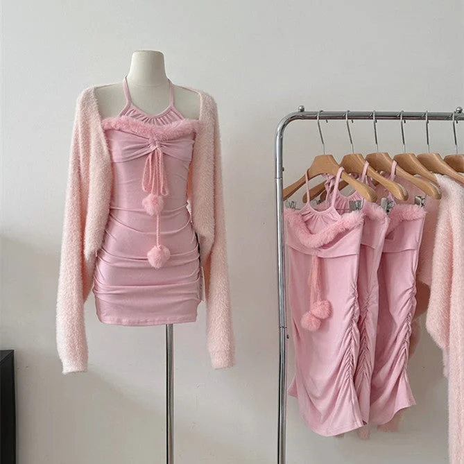 Pink suspender + jacket two-piece set  KF70532 Bomber Jacket Anorak Windbreaker