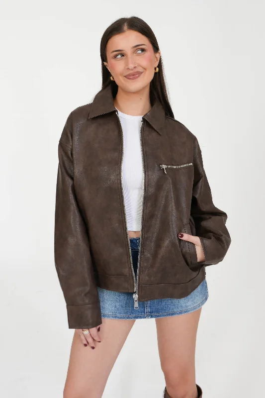Pippa Jacket in Brown Zippered Jacket Buttoned Jacket Snapped Jacket