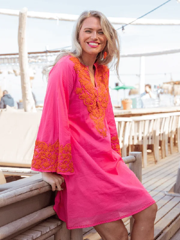 Place Du Soleil Embroidered Mini Dress in Hot Pink S24 314 Cozy Knitted Mini Dress