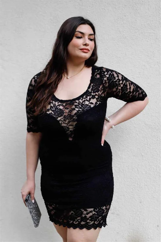 Plus Size Lace Black Mini Dress Classic Shift Mini Dress