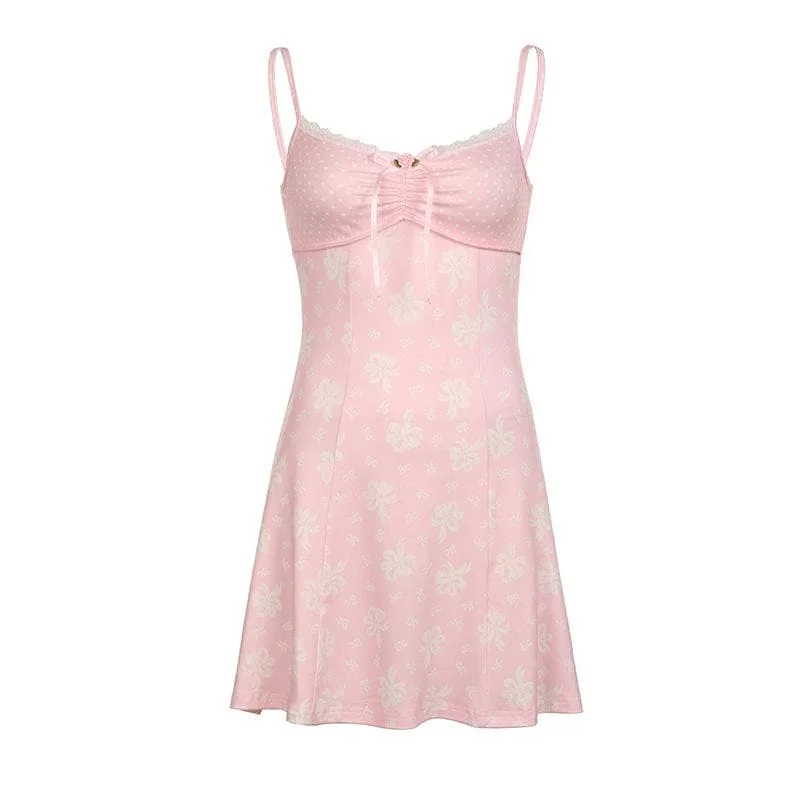 Polka dot print lace hem bowknot cami mini dress Fashionable Denim Mini Dress