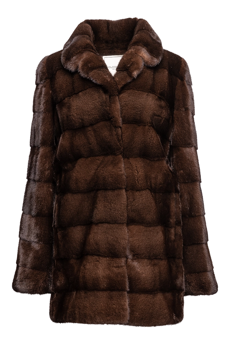 Fitted Horizontal Mahogany Mink Fur Jacket Boat Neck Shawl Collar Notched Collar