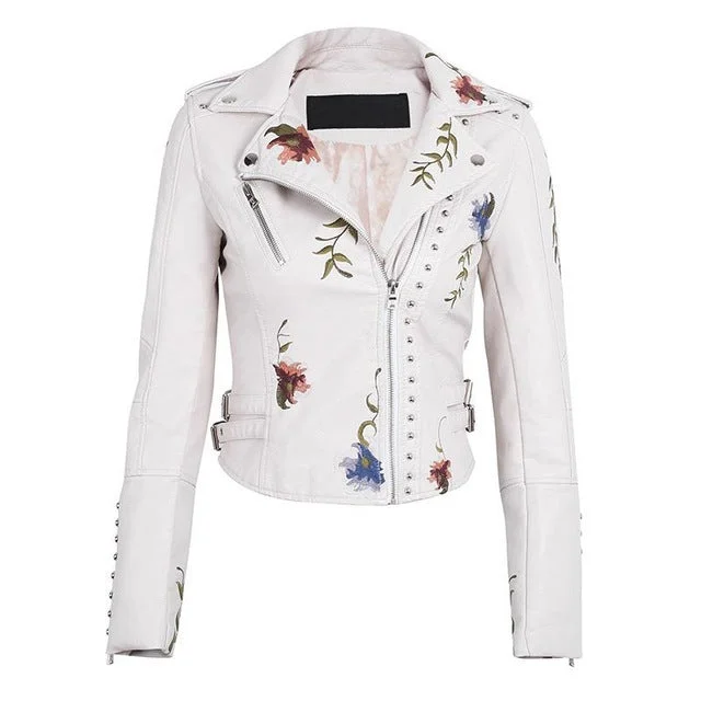 Punk Faux Leather White Jacket Women Elasticated Jacket Padded Jacket Insulated Jacket