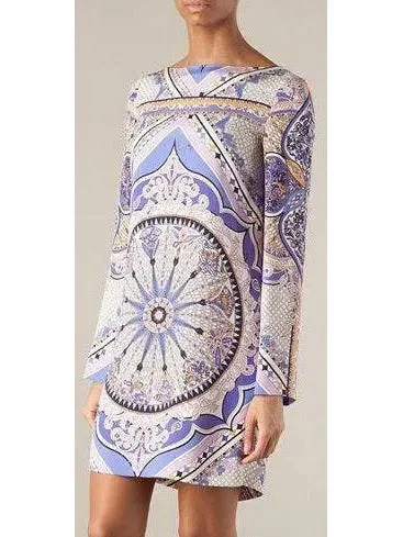 Purple Printed Long-Sleeve Jersey Silk Mini Dress Trendy Off-Shoulder Dress Mini