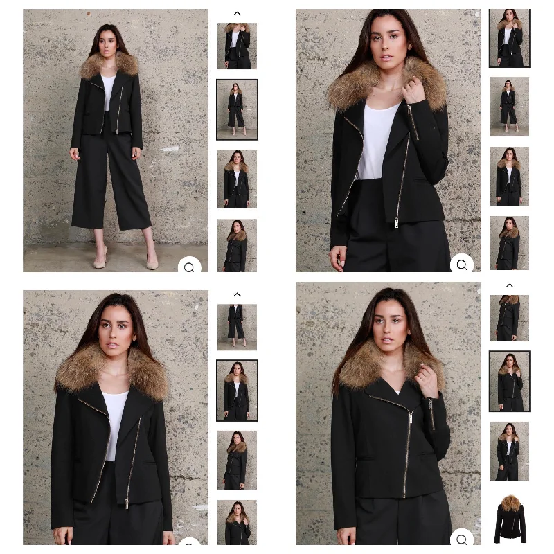 Raccoon Ponte Moto Jacket with Removable Raccoon Collar Wool Fabric Cashmere Fabric Tweed Fabric