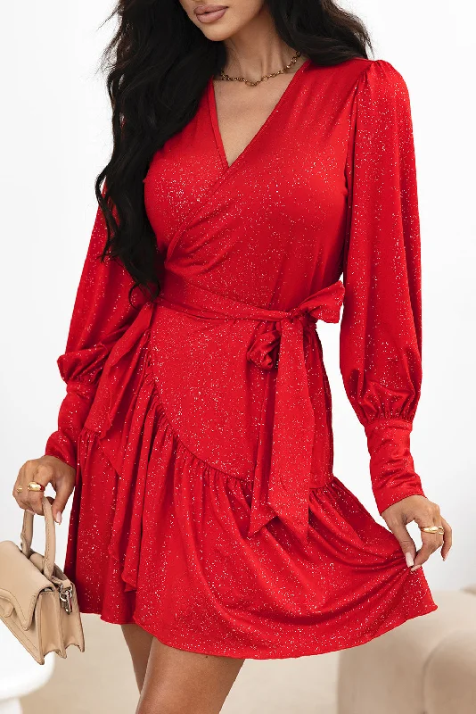 Blue Zone Planet |  Racing Red Tinsel Buttoned Bishop Sleeve Surplice Neck Ruffled Mini Dress Fashionable Lace Mini Dress