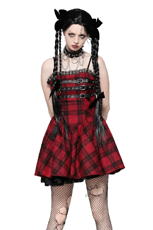 Red Plaid Gothic Mini Dress with Buckle Details Classic Casual Mini Dress