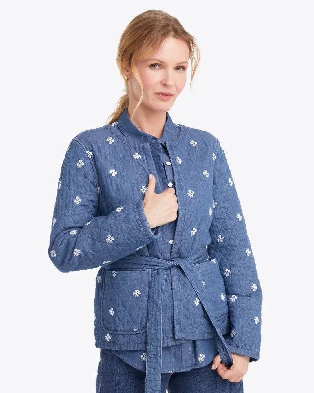 Reversible Belted Jacket in Embroidered Chambray Welt Pockets Slit Pockets Flap Pockets