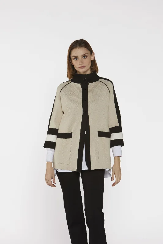 High neck Poncho/Jacket in Stone with black stripe detail. Elasticated Jacket Padded Jacket Insulated Jacket