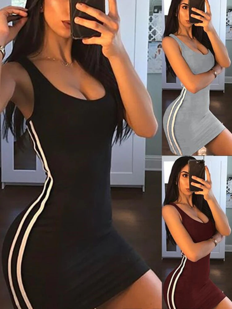 Sexy Wrap Deep U Neck Backless Striped Splicing Bodycon Dress Women Solid Color Sleeveless Slim Mini Dress Club Party Vestidos Comfortable Wrap Mini Dress