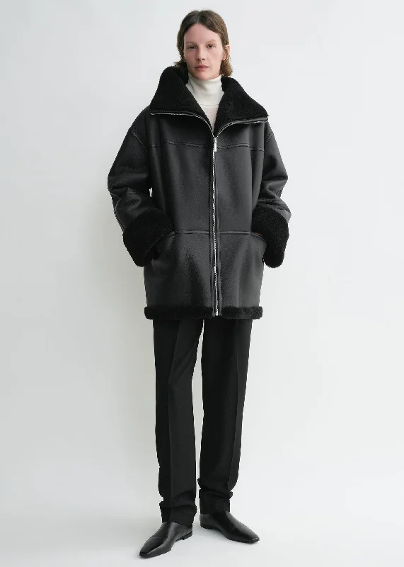Signature shearling jacket black Boat Neck Shawl Collar Notched Collar