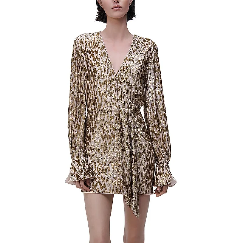 SIMKHAI Womens Camryn Silk Metallic Mini Dress Elegant Lace-Up Mini Dress