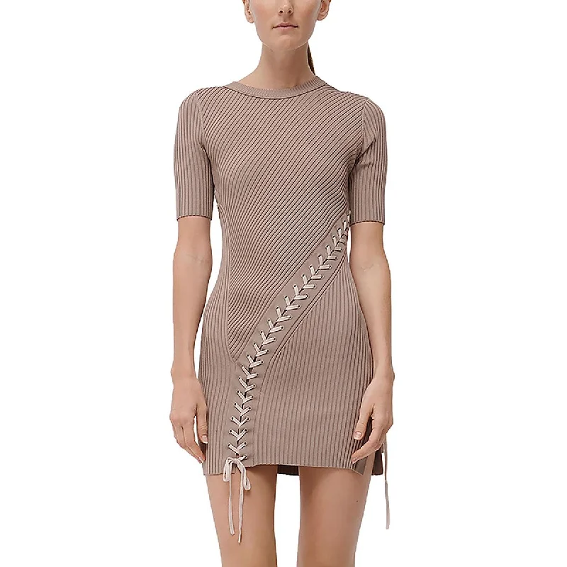SIMKHAI Womens Gilly Ribbed Lace-Up Mini Dress Comfortable Smocked Mini Dress