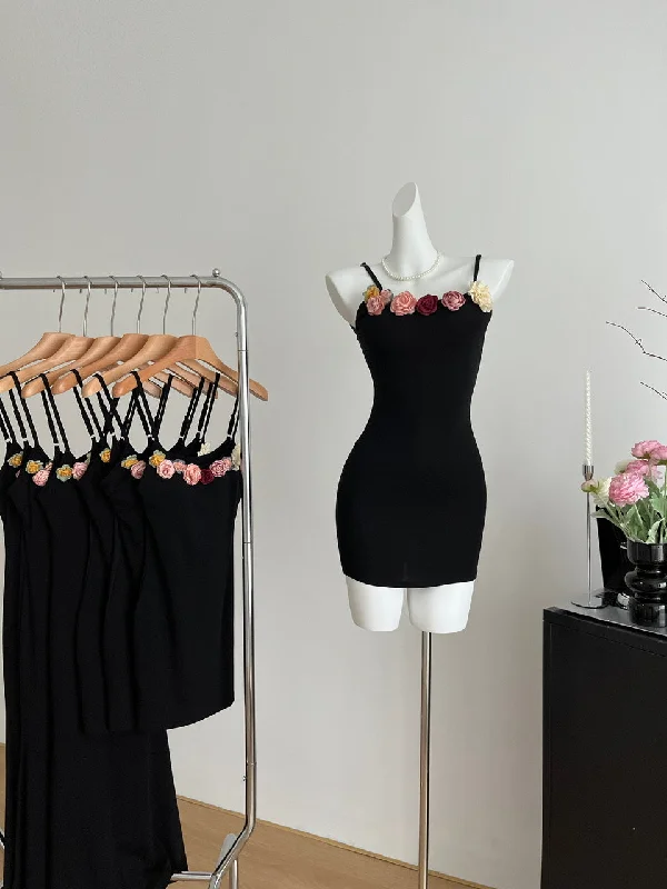 Sleek Black Floral Neckline Accents Mini Dress Fashionable Denim Mini Dress