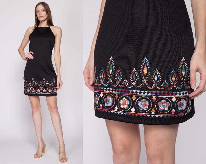 Small 90s Black Floral Trim Halter Mini Dress Trendy Button-Detail Mini Dress