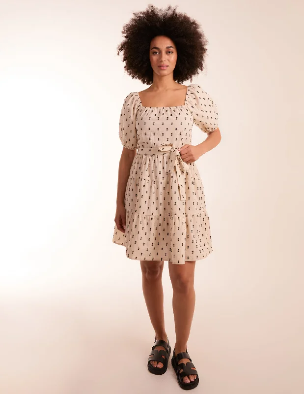 Dobby Spot Milkmaid Mini Dress Casual Button-Up Mini Dress