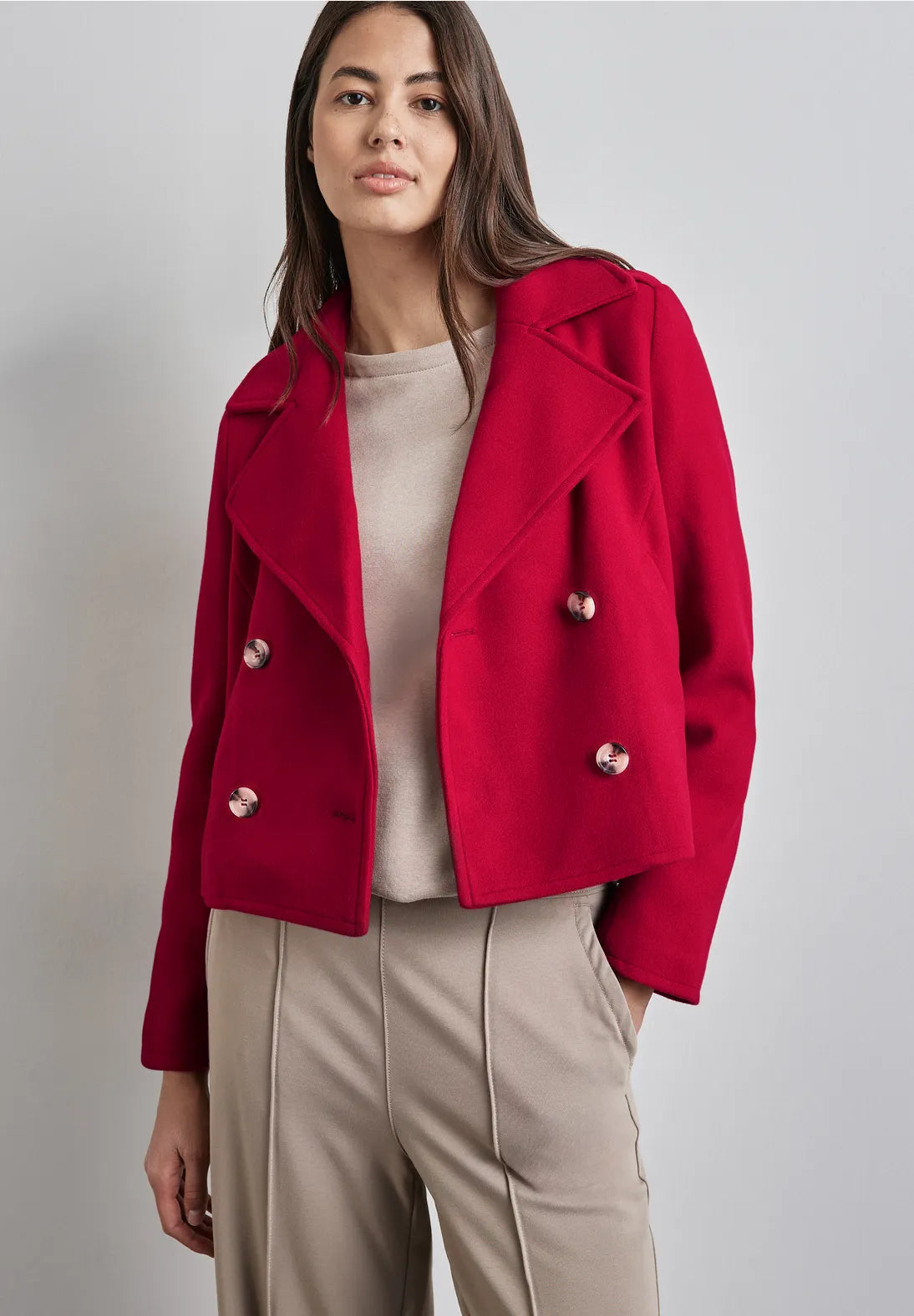 Street One Short military style Jacket. Red One-Shoulder Jacket Off-the-Shoulder Jacket Asymmetrical Jacket