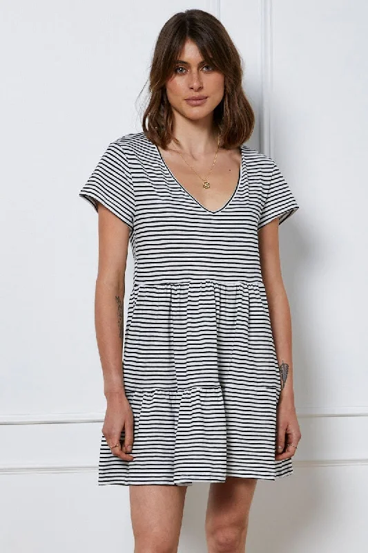 Stripe Mini Dress Short Sleeve Cozy Jersey Mini Dress