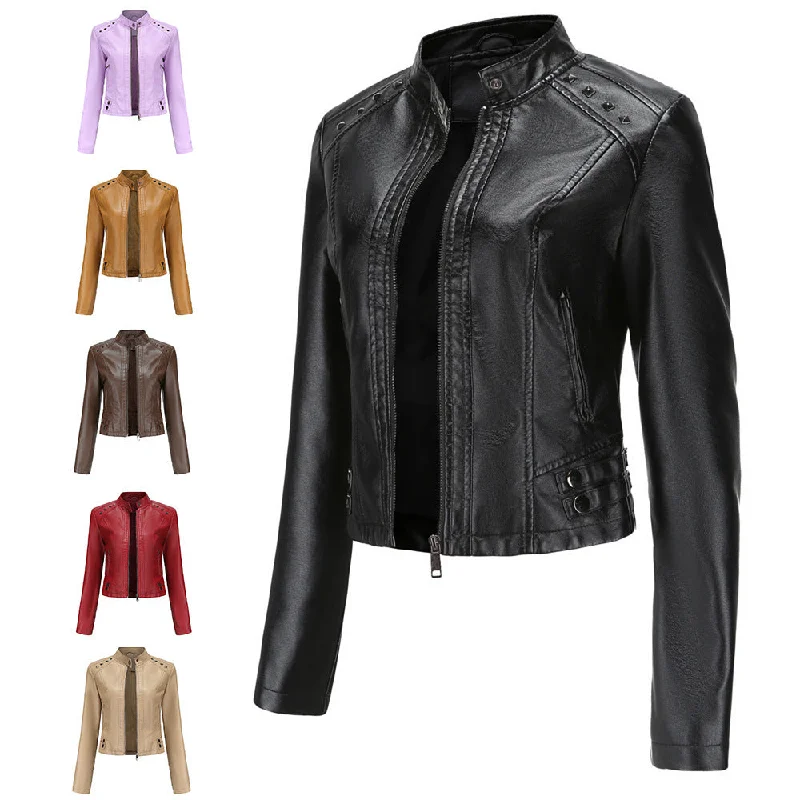 Studded Leather Women Short Jacket Long Sleeves Faux Fur Jacket Real Fur Jacket Shearling Jacket