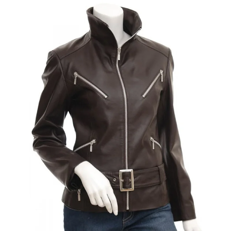 Brown Collar Stylish Leather Jacket Womens Belted Jacket Elasticated Jacket Padded Jacket Brown Collar Stylish Leather Jacket Womens Belted Jacket Elasticated Jacket Padded Jacket