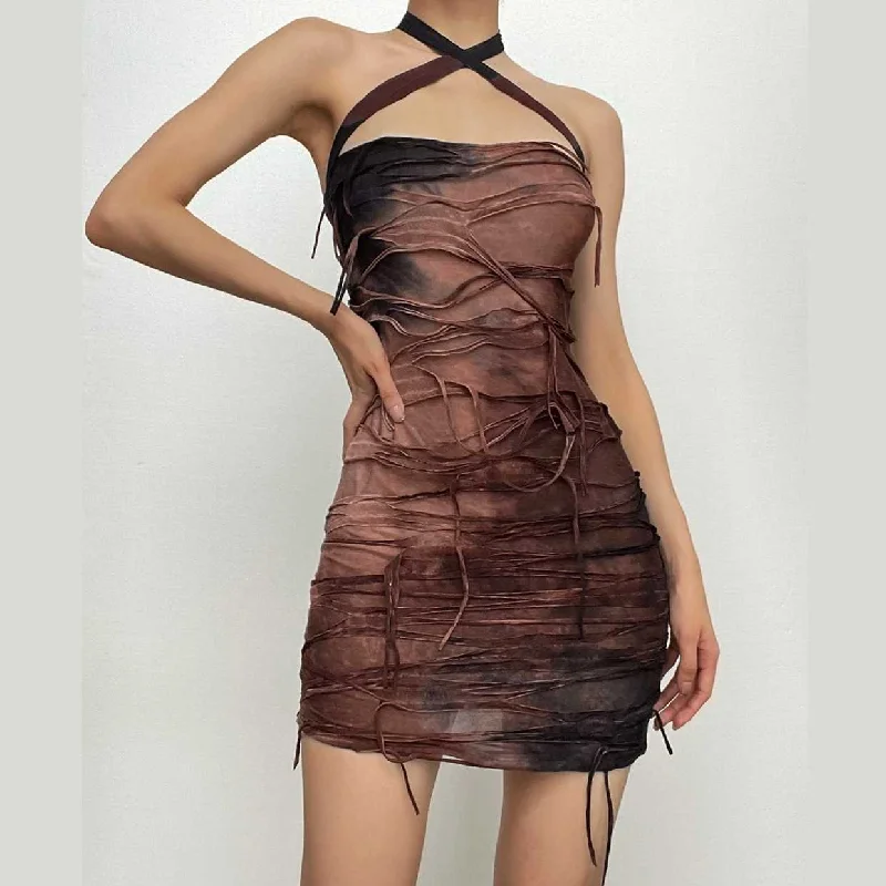Tie dye textured halter backless contrast mini dress Trendy Denim Mini Dress