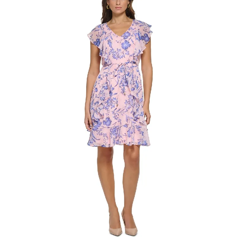 Tommy Hilfiger Womens Petites Ruffled Short Mini Dress Casual Button-Up Mini Dress