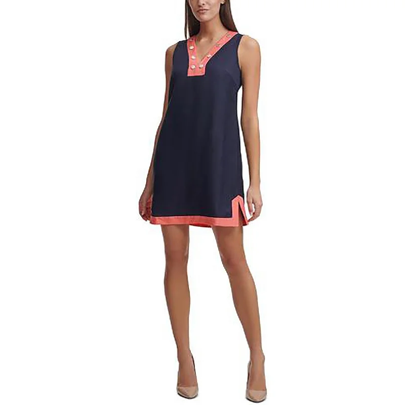Tommy Hilfiger Womens Petites Two Tone V-Neck Mini Dress Fashionable Party Mini Dress