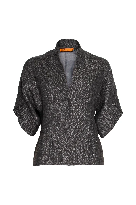 Tulip Sleeve Jacket - Charcoal Linen 9717 Hooded Jacket Caped Jacket Shawl Collar Jacket