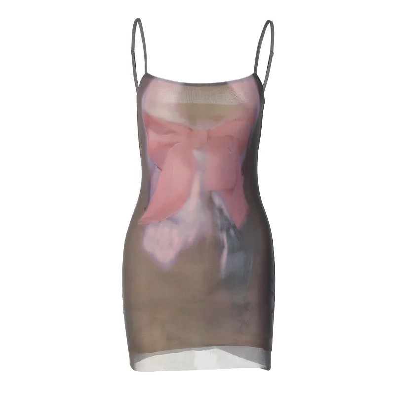 U neck print backless cami mini dress Trendy Mini Dress with Belt