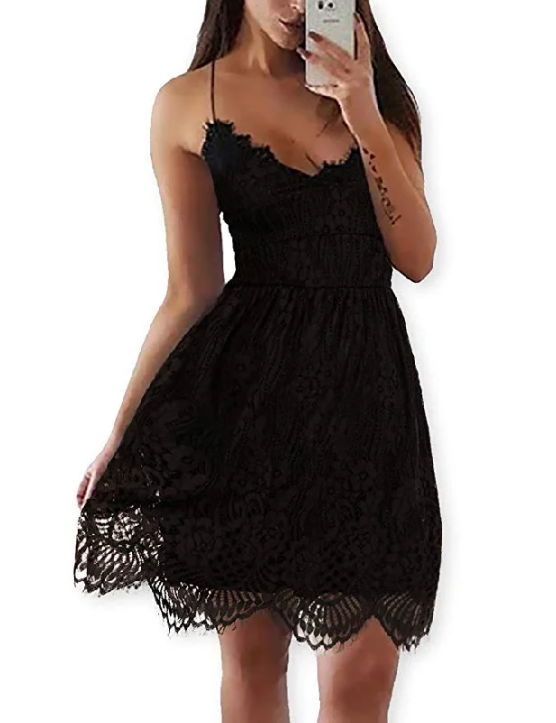 V-Neck Spaghetti Straps Lace Backless Party Club Beach Mini Dresses Stylish Ribbed Mini Dress