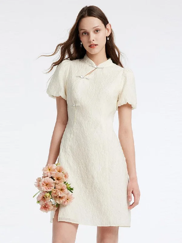 White Mandarin Collar Cheongsam Mini Dress Trendy Denim Mini Dress