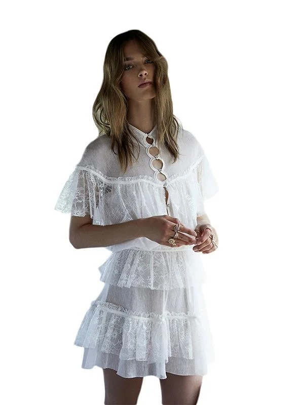 WHITE SWEET MINI DRESS MESH SHEER LACE PATCHWORK Trendy Denim Mini Dress
