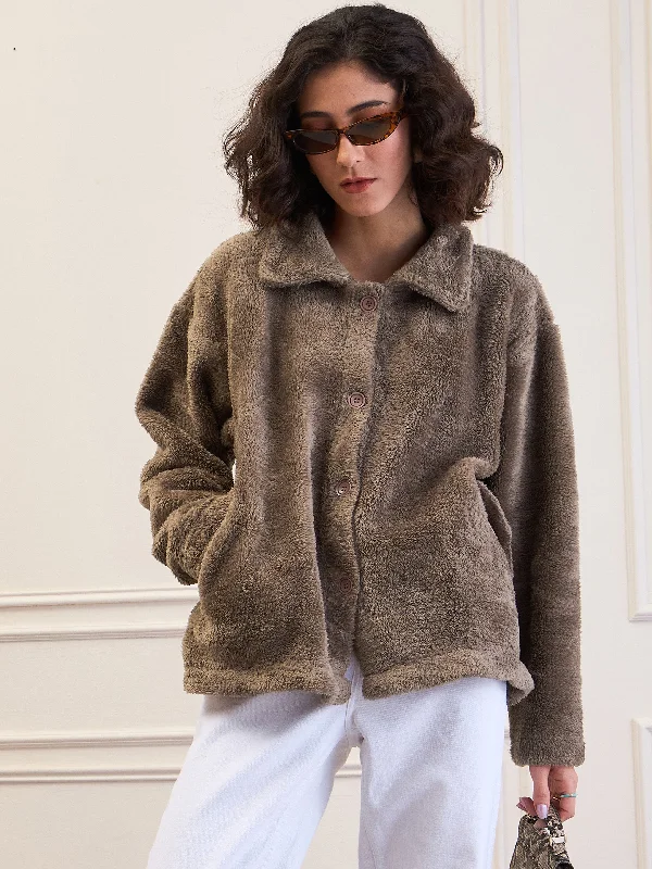 Women Dark Grey Fur Flap Pockets Detail Jacket Front Pockets Side Pockets Patch Pockets