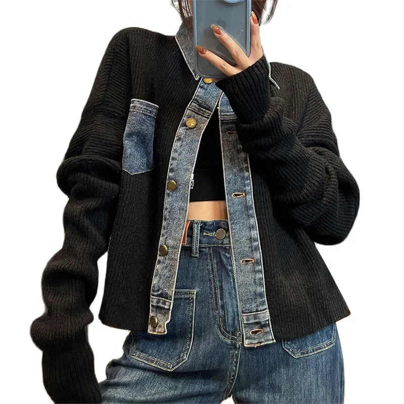 Women Denim Stitching Sweater Jacket Autumn New Fashion Loose Short Knitted Cardigan Lady Coats Casual Denim Jacket Women Fleece Jacket Down Jacket Parka Women Denim Stitching Sweater Jacket Autumn New Fashion Loose Short Knitted Cardigan Lady Coats Casual Denim Jacket Women Fleece Jacket Down Jacket Parka