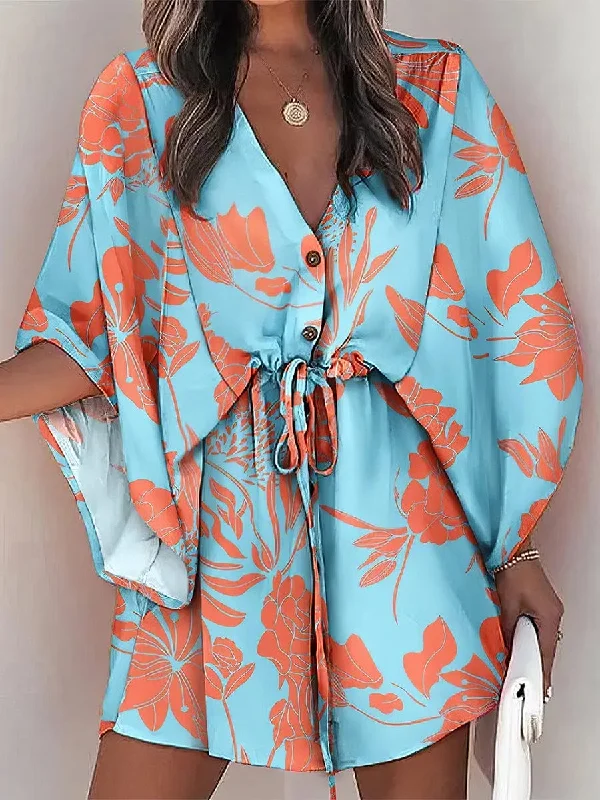 Chic Deep V Neck Printed Mini Dress with Button Detail Stylish Plaid Mini Dress