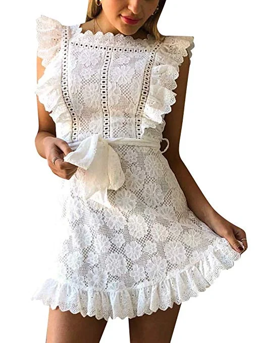 Women's Elegant Lace Ruffle Mini Dress Sleevesless Cotton A-line Dress Comfortable Smocked Mini Dress