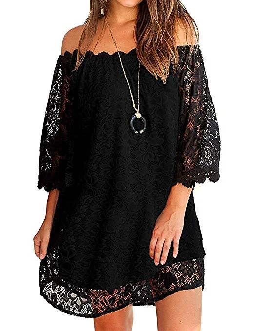 Women's Off Shoulder Flowy Vintage Lace Shift Loose Mini Dress Casual Button-Up Mini Dress Women's Off Shoulder Flowy Vintage Lace Shift Loose Mini Dress Casual Button-Up Mini Dress