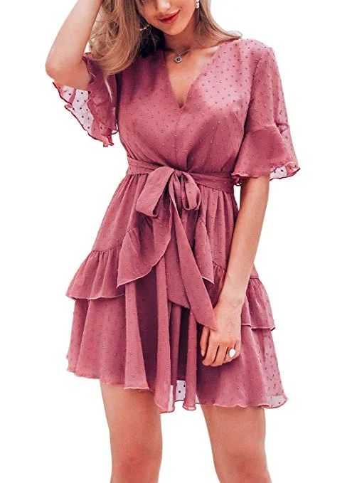 Women's Summer V Neck Chiffon Ruffle Mini Dress Elegant Tie Waist Short Sundress Cozy Satin Mini Dress