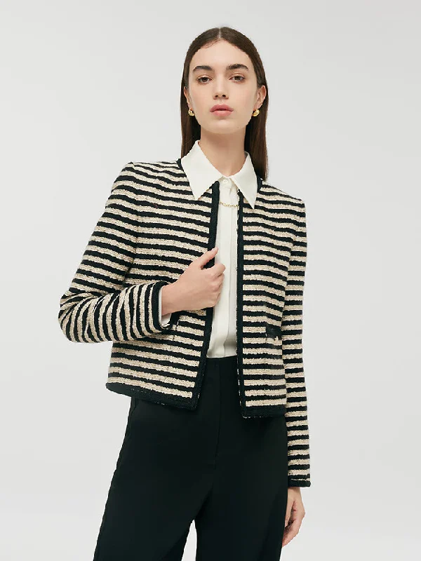 Wool Blend Black And White Stripe Tweed Women Crop Jacket Stand-Up Collar Roll-Neck Collar Turtle Neck