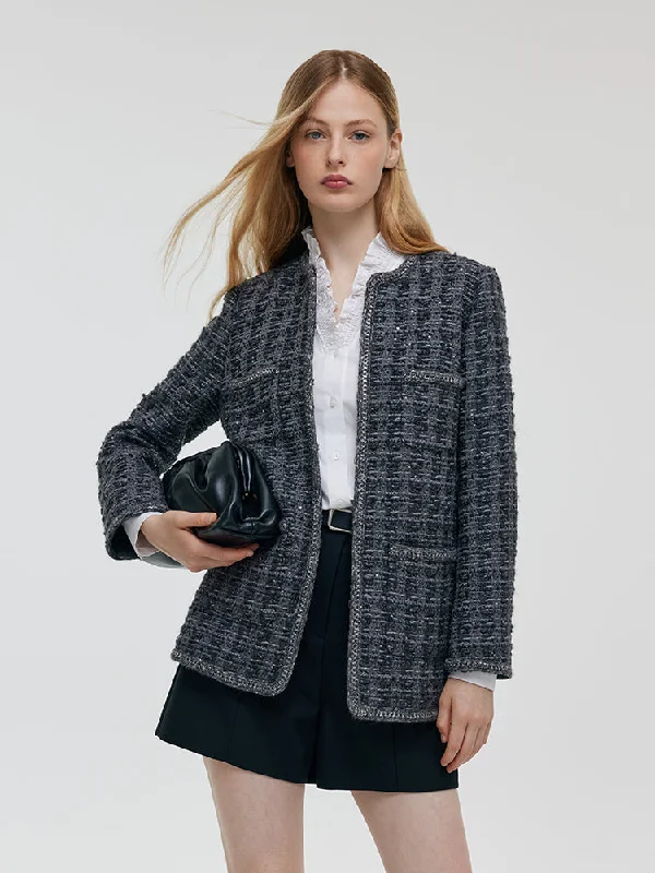 Wool Sequins Tweed Women Jacket Fleece Jacket Down Jacket Feather Jacket