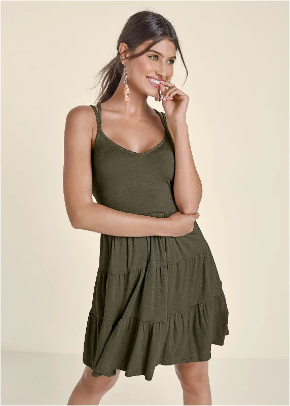 Tiered Strappy Mini Dress - Olive Fashionable Boho-Chic Mini Dress