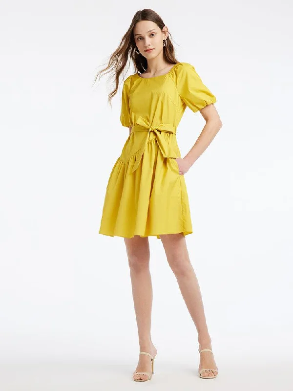 Yellow Puff Sleeve Mini Dress Trendy Tulle Mini Dress