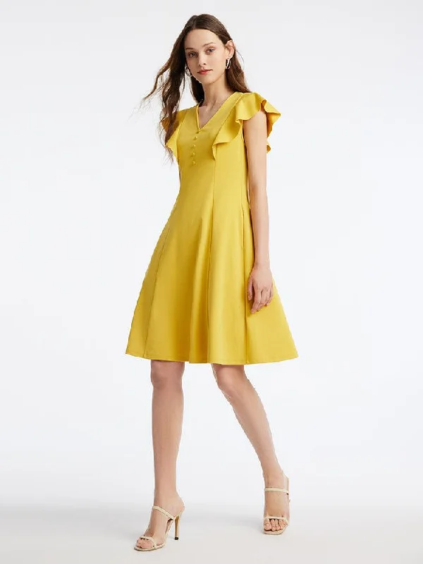 Yellow V-Neck Ruffle Sleeve Mini Dress Fashionable Pleated Mini Dress