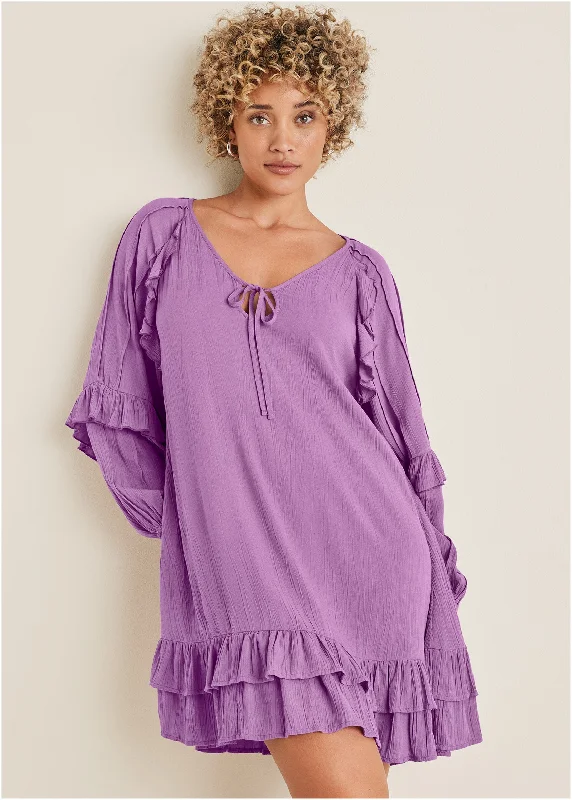Ruffle Mini Dress - Purple Comfortable Boho Mini Dress