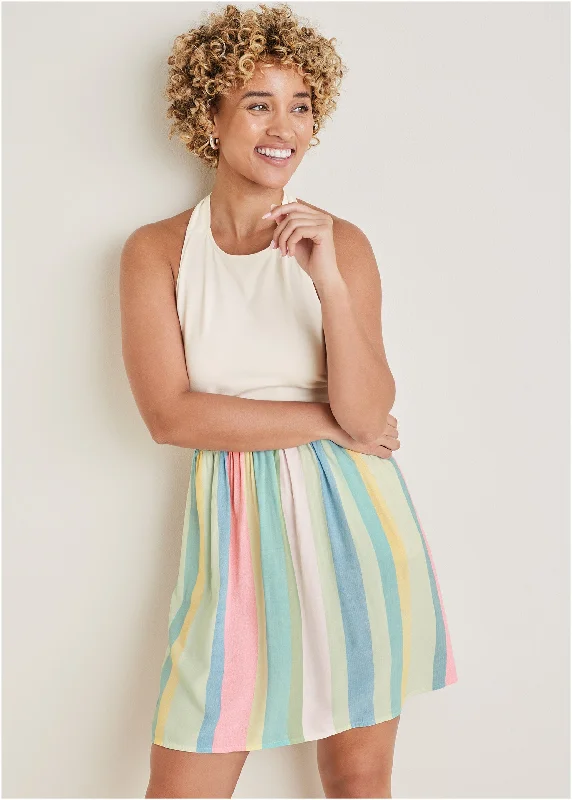 Stripe Halter Mini Dress - Boardwalk Stripe Chic Tropical Mini Dress