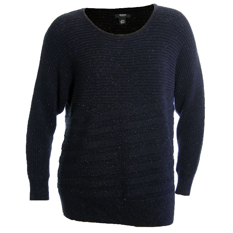 Alfani Black Shimmer Long Sleeve Scoop Neck Ribbed Pull Over Sweater Ribbed Striped Patterned