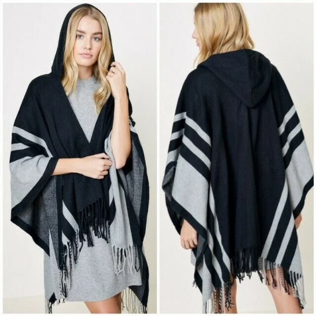 Black Hooded Fringe Knit Striped Sweater Shawl Ruana Womens One Size Stylish Fashionable Trendy Black Hooded Fringe Knit Striped Sweater Shawl Ruana Womens One Size Stylish Fashionable Trendy