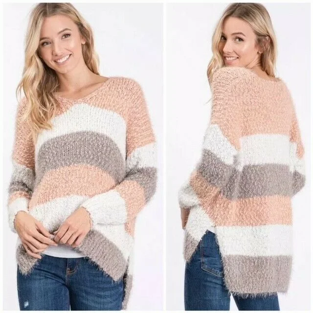 Blush Pink Striped Eyelash Popcorn Long Sleeve Casual Sweater Womens Denim Fabric Leather Fabric Suede Fabric Blush Pink Striped Eyelash Popcorn Long Sleeve Casual Sweater Womens Denim Fabric Leather Fabric Suede Fabric