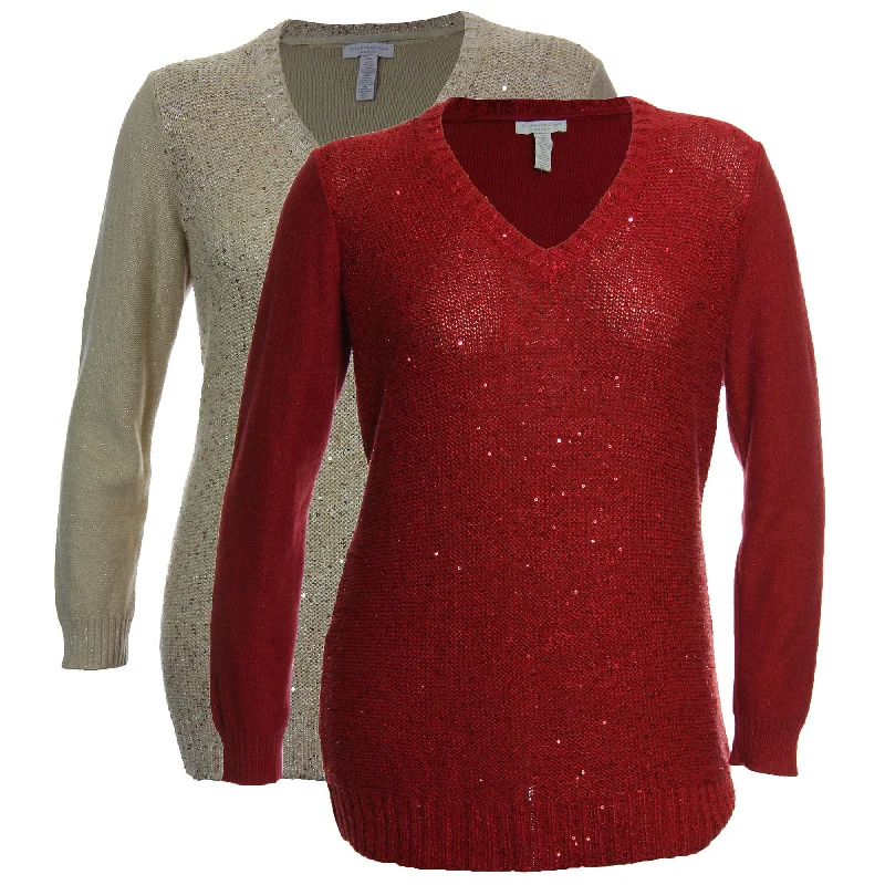 Charter Club Red or Beige Sequin Long Sleeve V-Neck Sweater Fitted Slim Tailored